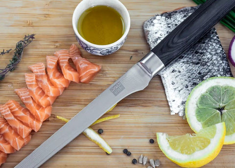 kotai pakka damascus fileermes 20 cm pakkahout op hout met zalm en limoen