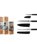 kotai pakka essentials set met schilmes, koksmes gyuto en broodmes, verpakt in houten dozen