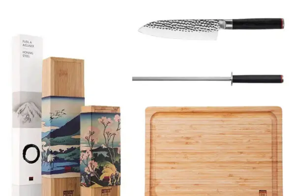 kotai pakka set deluxe officemes, santoku, aanzetstaal en snijplank